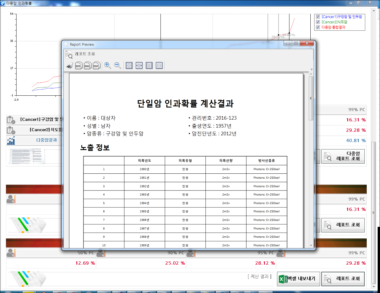 [Rhi_pepc] 방사능인과확률 프로그램
<br>RHI_PEPC
<br> ㆍ개발언어: Microsoft .Net Framework 4.5 (C# Application)
 ㆍ개발툴: Microsoft Visual Studio, Windows Server
 ㆍ개발시기: 작업 시기 : 2016. 05
<br>